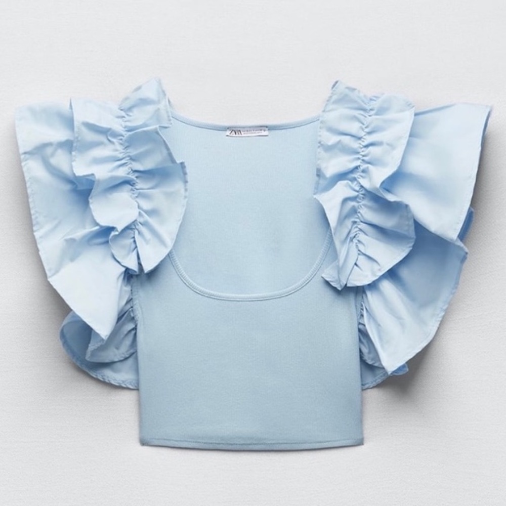 Zara Blue Crop Top with Ruffle Sleeves. Size small